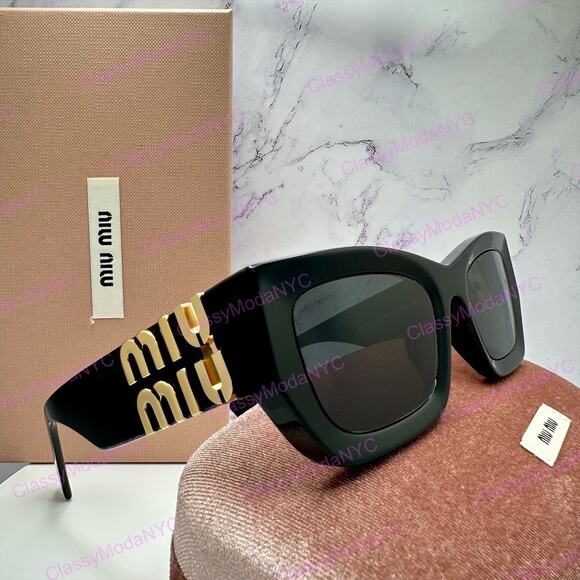 MIU MIU Sunglasses New Black Acetate Gold Metal Logo Square Cat Eye Authentic